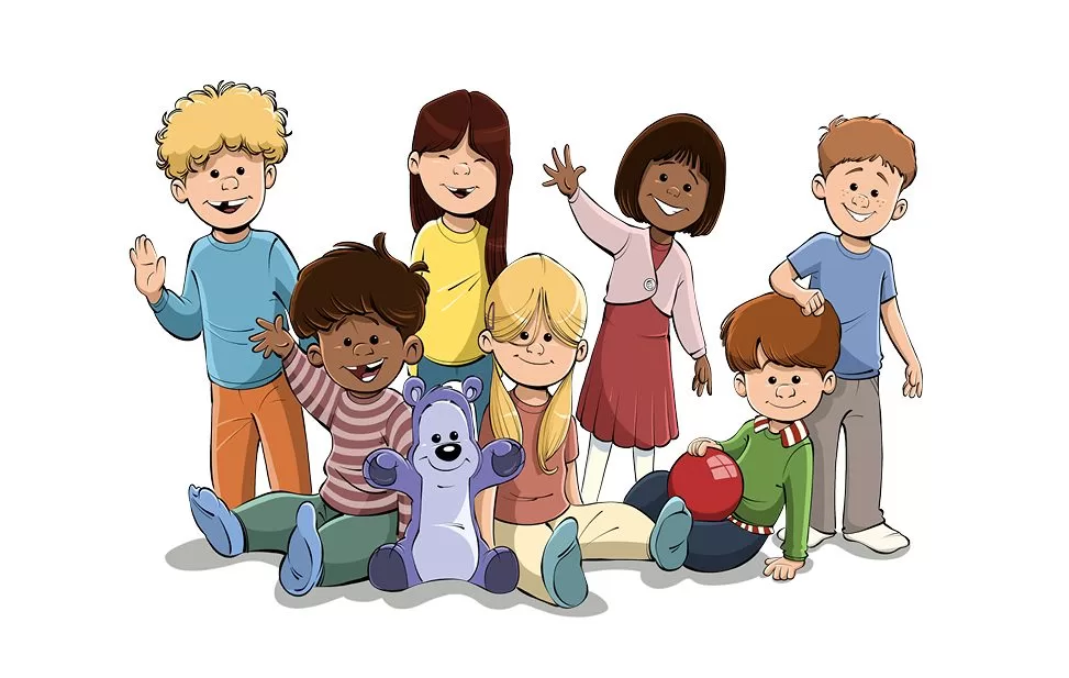 Ilustrație: un grup de copii, toți diferiți, cu ursulețul